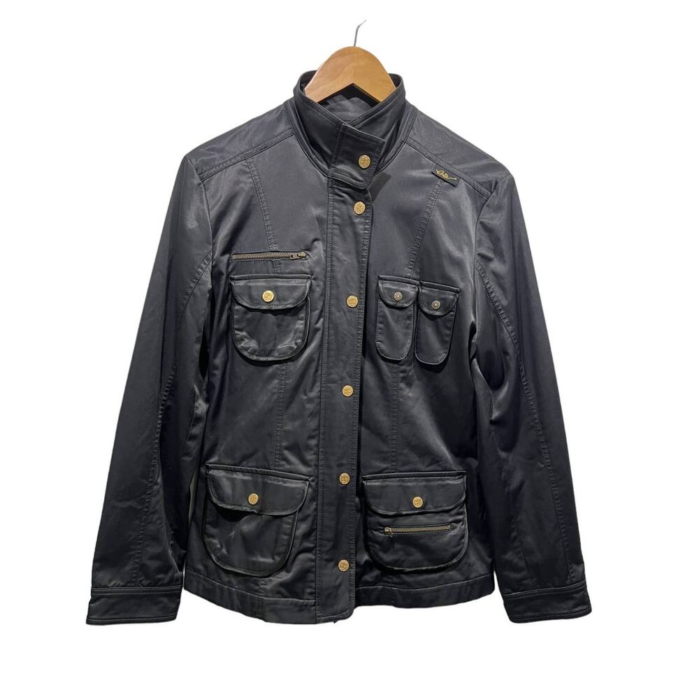 Enita Black Womens Medium Satin Utility Jacket Zip Snap Brass Button Lined Black